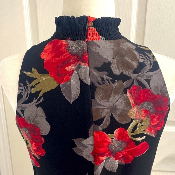 Elegant Sleeveless Black Floral Blouse Lined Ruched High Neck Back Zipper Sz XS - Picture 5 of 11